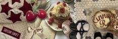 an assortment of desserts are displayed on the table