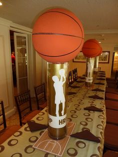 there is a basketball on top of a table with other tables and chairs in the background