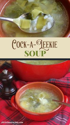 two pictures side by side with soup in red bowls and spoons on the table