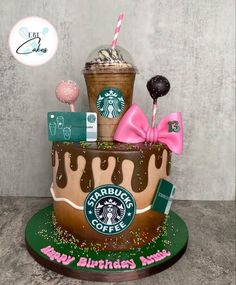 Starbucks Cake Design Ideas, Starbucks Inspired Cake, Starbucks Themed Birthday Cake, Starbucks Bday Cake, Starbucks Cakes Birthday, Pink Starbucks Cake, Starbucks Cake Topper, Wingstop Cake, Starbucks Cake Ideas