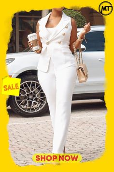 White Fashion Sexy Two Piece Suits Solid Button Slim Fit Regular Sleeveless Two-piece Pants Set White Two Piece, Womens Office, Hello Fashion, Blazer Outfit, Two Piece Pants Set, Fashion Forever, Summer Suits, Vest White