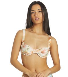 The Billabong Women's Island Calling Underwire Bikini Top offers medium coverage with wide over-the-shoulder straps and a back hook closure.Features Women's Underwire Bikini Top Fabric: Recycled Peach Stretch Details: Ruching Coverage: Medium Padding: None Straps: Over the shoulder straps Closure: S-hook at center back Print: All-over print Branding: Embroidered logo Details Fabric: 78% Recycled Nylon / 22% Elastane Care: Hand wash Chlorine Resistant: No Adjustable: Yes Country of Origin: Imported Underwire Swimwear With Straps For Beach Season, Beachy Underwire Swimwear With Adjustable Straps, Tropical Swimwear With Removable Pads For Sunbathing, Tropical Swimwear With Removable Bra Pads For Sunbathing, Beach Swimwear With Built-in Bra And Wide Straps, Underwire Swimwear With Straps For Beach Party, Tropical Swimwear With Removable Bra Pads For Beach, Tropical Strappy Swimwear With Adjustable Straps, Summer Strappy Swimwear With Removable Straps