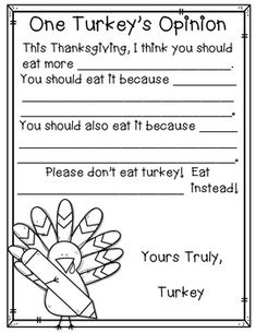 a turkey's opinion is shown in this printable thanksgiving activity packet for kids