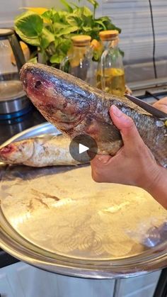 a person is holding a fish on a pan in front of a stove top oven