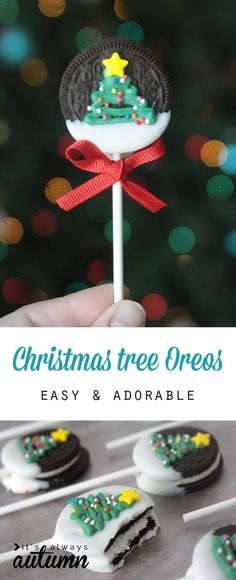 a christmas tree oreo lollipop on a stick