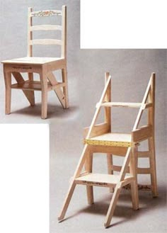 two wooden chairs with ladders on the sides and one in the middle, both made out of wood