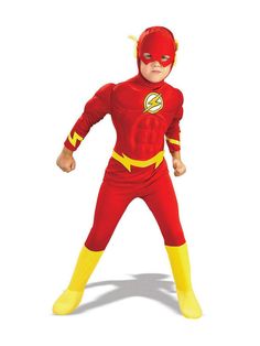 a young boy dressed as the flash standing in front of a white background wearing a red and yellow costume