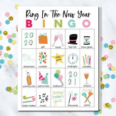 a new year's eve party game with confetti, balloons and confetti