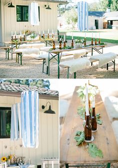 the table is set up with beer bottles and candles for an outdoor dinner or party