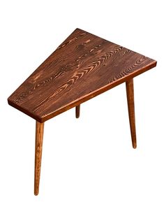 a wooden table with two legs and a triangle shaped design on the top, against a white background