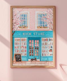 a painting of a book store on the wall