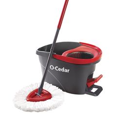 a mop and bucket with a red handle