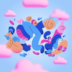 three cartoon characters floating in the air with pink clouds behind them and blue sky above