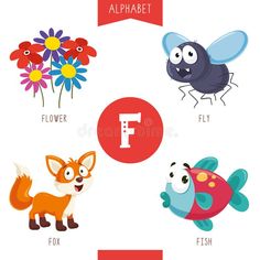 the letter f with different animals and flowers royalty illustration