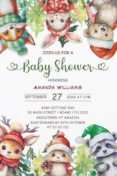 a baby shower is shown with woodland animals