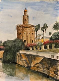 a painting of a castle with trees and water