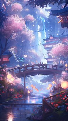 a bridge over a river surrounded by lots of trees and flowers with lanterns hanging from it