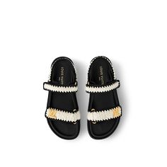 LOUIS VUITTON® - Lv Sunset Flat Comfort Sandal - Black Lv Sandals, Luxury Sandals, Trunk Bag, Leather Denim, Monogram Bag, Buckle Shoes, Louis Vuitton Official, Shoe Boot Sandals, Trainer Boots