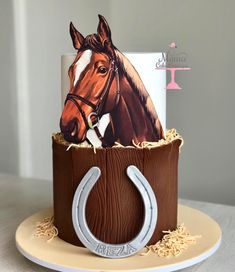 a birthday cake with a horse on it and a card in the shape of a horseshoe