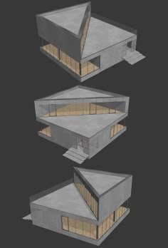 three 3d renderings of the exterior of a building