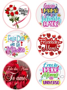 four round stickers with different words and flowers on the bottom one is in spanish