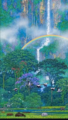 an artistic painting with animals in the foreground and a waterfall in the back ground