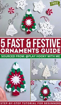 crochet christmas ornaments with text overlay that reads, 5 fast and festive ornaments