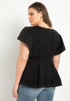 Flare Sleeve Peplum Top | Eloquii Fitted Short Sleeve Peplum Top With Ruffles, Fitted Short Sleeve Ruffle Peplum Top, Chic Fitted Peplum Top With Ruffle Hem, Fitted Short Sleeve Ruffled Peplum Top, Fitted Solid Tops With Pleated Sleeves, Fitted Ruffle Peplum Top With Short Sleeves, Fitted V-neck Peplum Top For Fall, Fitted Peplum Top With Ruffle Hem And Puff Sleeves, Fitted V-neck Peplum Top With Ruffles