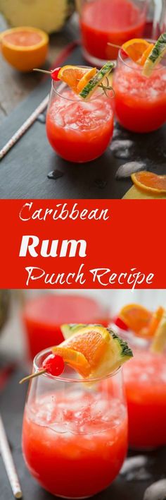 the rum punch recipe is garnished with oranges and pineapple