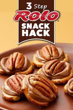 several mini pretzels with chocolate frosting on a brown plate next to a sign that reads 3 step rolo snack hack