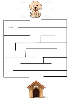 a maze with a dog in the middle and a house next to it on top