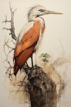 a painting of a bird sitting on top of a tree stump in front of water