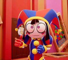 an animated character holding a toy in front of a room with colorful walls and furniture