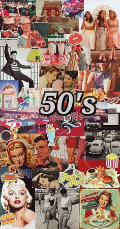 an advertisement for 50's clothing with pictures of women and men in the background