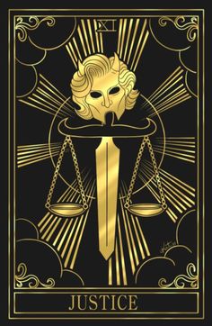 a golden lady justice card with an image of the statue of justice on it's back