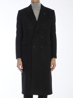 Double-breasted long coat in black virgin wool blend. It features peaked lapels with brooch on lapel, front button closure, one welt pocket on chest, two front flap pockets, buttoned cuffs and back vent. Regular fit. Size nationality: ITComposition: 80% Virgin Wool, 20% Polyamide Italian Outfits, See By Chloe, Long Coat, Black Coat, Luxury Boutique, Welt Pocket, Mens Suits, Double Breasted, Shoe Laces