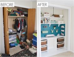 two pictures side by side with the words craft closet makeover