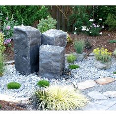 a garden with rocks and plants in it