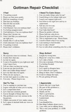 Gottman's Repair check list - originally for relationship, but useful for skills in all aspects of life - especially assertiveness, boundaries & communication Gottman Repair, Gottman Repair Checklist, Relationship Repair, Interpersonal Effectiveness, Counseling Resources, Family Therapy, Therapy Worksheets