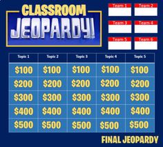 an image of a game board with the words classroom jeopardy on it