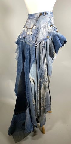 Upcycle Jeans Skirt, 2024 Inspiration, Reworked Denim, Recycled Dress, Bustle Skirt, Distressed Skirt, Diy Skirt, Denim Ideas