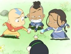 three cartoon characters playing with each other in the grass