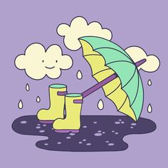 a pair of rubber boots and an umbrella in the rain, with clouds above them