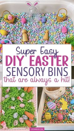 an easy diy easter activity bin that is filled with fake eggs and other things