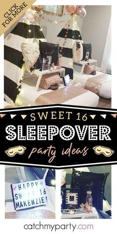 a collage of photos with the words sweet 16 sleepover party ideas on it