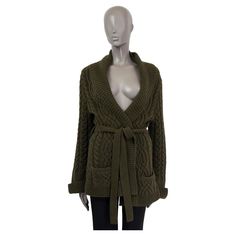 100% authentic Ralph Lauren cardigan in olive cashmere (55%) and wool (45%). Features a cable-knit elements, two pockets and a self-tie belt. Unlined. Has been worn and is in excellent condition. Measurements Tag Size XL Size XL Shoulder Width 43cm (16.8in) Bust From 106cm (41.3in) Waist From 104cm (40.6in) Hips From 140cm (54.6in) Length 93cm (36.3in) Side Seam Length 47cm (18.3in) Sleeve Length 69cm (26.9in) Belt Length From 205cm (80in) All our listings include only the listed item unless oth Cable Knit Sweater Cardigan, Cable Knit Cardigan, Knit Sweater Cardigan, Cable Knit, Olive Green, Sweater Cardigan, Sweaters & Cardigans, Sweater Outfits, Cashmere