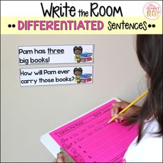 a girl writing on a pink paper with the words write the room differentiated sentences