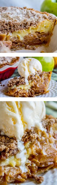 three different views of an apple pie with ice cream