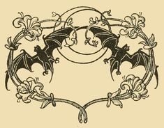 a drawing of two bats in a circular frame with vines and flowers around it, vintage line drawing or engraving