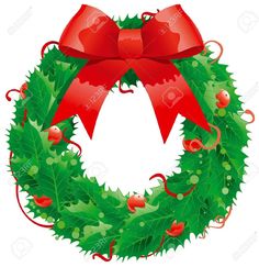 a christmas wreath with holly leaves and red bow on white background stock photo - 9579